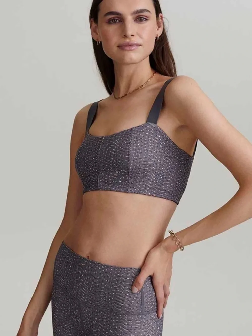 Varley Greenwood Umber Feather Gray Brown Patterned Bra Wide Straps No Wire L